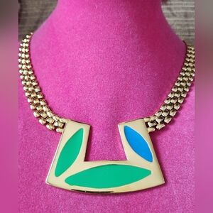 Monet Gold Tone Necklace with Enamel Green and Blue Accents 18"